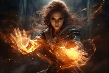 Poster - Generative ai collage photo of strong warrior woman fight with fire spell