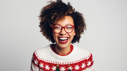 Wall Mural - smiling woman in christmas jumper photography studio backdrop