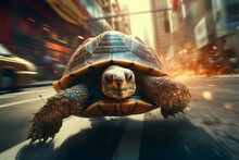 A Turtle Running At High Speed With Motion Blur. Background With Selective Focus And Copy Space