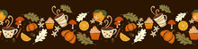 Autumn Food Seamless Pattern With, Leaves, Acorn, Cinnamon, Coffee, Pumpkin, Cupcake And  Mushrooms. Autumn Harvest Festival, Halloween Or Happy Thanksgiving On Dark Brown Color Background Design