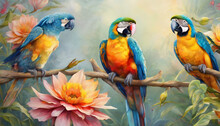 Parrots Sitting On A Tree Surrounded By Flowers