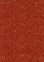 Hand-drawn Unique Abstract Symmetrical Seamless Gold Ornament With Splatters Of Golden Glitter On A Bright Red Background. Paper Texture. Digital Artwork, A4. (pattern: P11-2d)