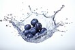 A depiction of juicy blueberry fruit surrounded by a splash of water against a plain white backdrop. Generative AI
