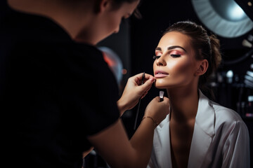 A makeup artist applies makeup to a model before shooting.