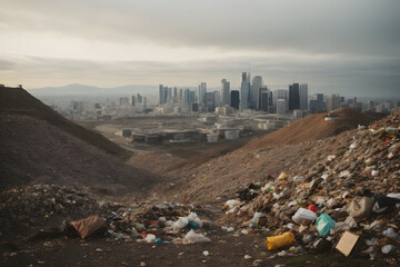 Wall Mural - Old garbage mountain near a city.  Environmental pollution from construction waste.