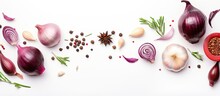 Top View Of Red Onion And Spices On White Background With Copyspace For Text