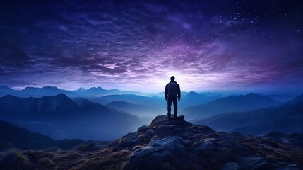 Wall Mural - Silhouette of man standing on misty mountain peak with view of the Milky Way above the night sky
