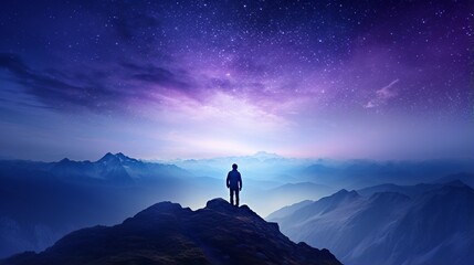 Wall Mural - Silhouette of man standing on misty mountain peak with view of the Milky Way above the night sky