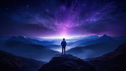 Wall Mural - Silhouette of man standing on misty mountain peak with view of the Milky Way above the night sky