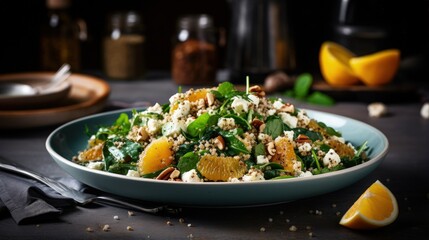 Leinwandbilder - Plant based salad with spinach quinoa pears oranges and ricotta