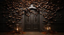 Halloween Decorated Hall With Paper Bats On Wooden Door