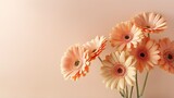 Aesthetic sunlight casts shadows on coral gerbera flowers atop a beige background creating a simple and elegant floral arrangement