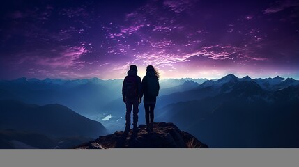 Wall Mural - Silhouette of young couple standing on mountain peak with view of the Milky Way above the night sky