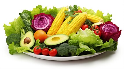 Wall Mural - Healthy vegan salad with a variety of fruits vegetables and avocado on white background