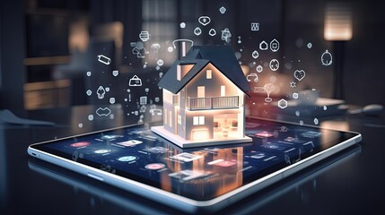Poster - Smart home automation system with wireless connections and electronic icons on a tablet screen control the small house model