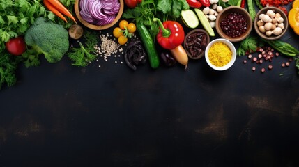Poster - Top down view of a vibrant vegetarian feast table Emphasizing healthy eating choices with room for text Black chalkboard serves as backdrop
