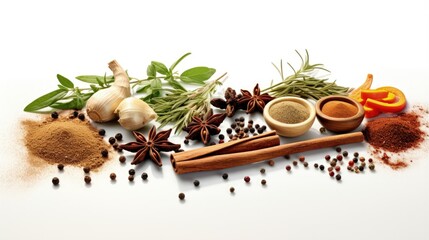 Leinwandbilder - Spices herbs utensils on white background