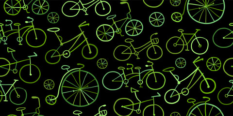 Aufkleber - Bicycle time. Types of bicycles, tools and spare parts. Seamless pattern background for your design. Green and black colors