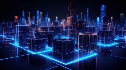 Cyber city in virtual reality with neon abstract cubic shapes illuminated in laser show isolated on black in a 3D render