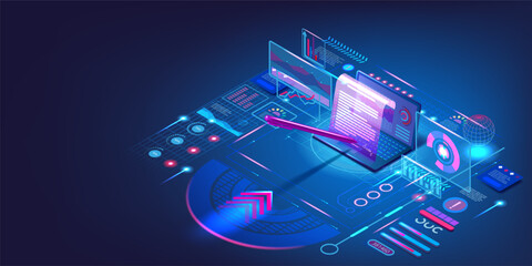 Poster - Smart contract. Digital technology. 3D laptop and virtual document paper. Signing pen. Bank law. Secure computer application. Statistic infographic. Hologram diagram. Vector concept