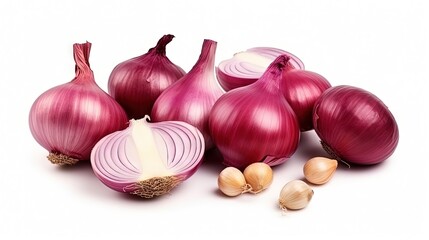 Poster - Top view of red onions garlic and spices arranged diagonally on a white background