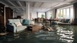Furniture floating in house after water damage 3D rendering