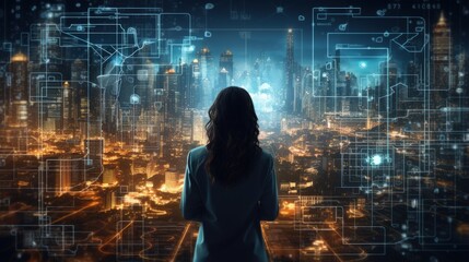 Poster - Futuristic metaverse city with AI robots digital technology and cybersecurity