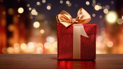 Poster - German Christmas card Frohe Weihnachten means Merry Christmas Happy New Year 2023 Red bow gift box with bokeh lights