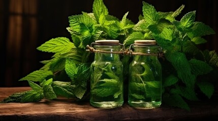 Aufkleber - Medicinal herbs fresh mint in glass bottles wooden table Alternative medicine