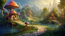 Illustration Of A Fantasy Village In A Magical Forest Landscape With Whimsical Houses And Fairies