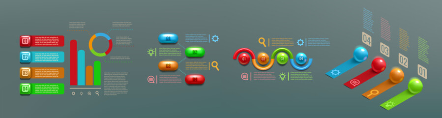 Poster - 3D infographic. 4 gold modern tabs for presentation. Abstract ribbon and ball buttons. Flowchart diagram with numbers. Business report infochart layout. Vector work process banners set