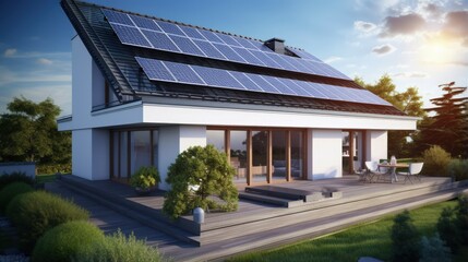 Wall Mural - Modern house with 3D rendered rooftop solar panels