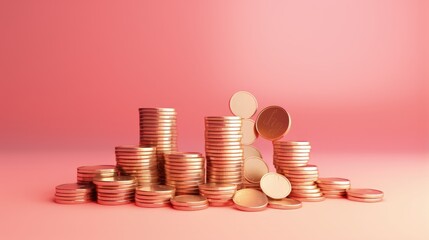 Poster - Budget friendly idea Stacked coins and money bundles on pink backdrop 3D rendering