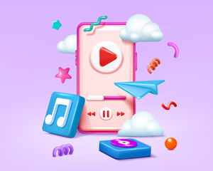 3D music icon. Phone render. Cellphone with playlist app. Online streaming soundtrack play. Radio broadcast. Mobile application. Smartphone player. Podcast listen. Vector background