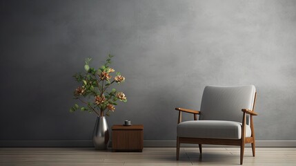 Poster - Real photo of a gray armchair by a wooden table with flowers in a flat interior with a blank wall for adding text