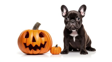 Frightened French bulldog next to a pumpkin isolated on white background