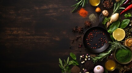 Aufkleber - Top view of a food background with space for text featuring herbs olive oil and spices arranged around a cast iron frying board