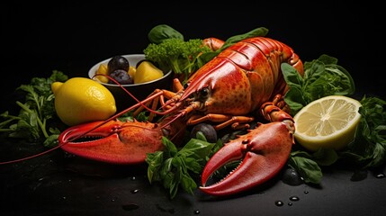 Wall Mural - Boiled shellfish with lemon and basil on black slate Side view