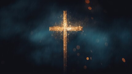 Poster - Christian cross silhouette with lights and bokeh on black background representing faith symbol and church worship Also symbolizes salvation Jesus Christ and Easter in Christianity