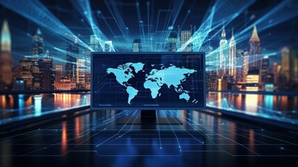 Poster - Cybersecurity surveillance data analytics worldwide coding GDPR HTML hacking satellite software development global map night computer screen