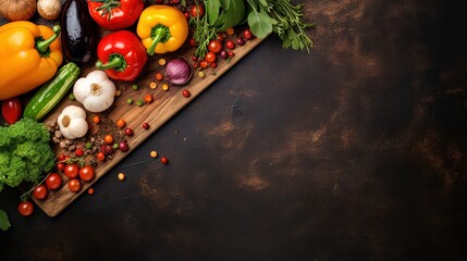 Poster - Top view of rustic vintage cutting board surrounded by fresh vegetables and ingredients ideal for vegan and healthy cooking