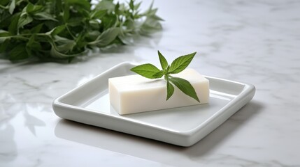 Aufkleber - Natural soap lies on a white soap dish Eco friendly concept Hygiene and body care