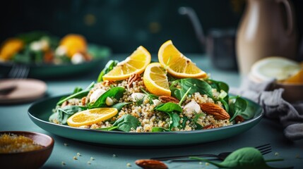 Leinwandbilder - Plant based salad with spinach quinoa pears oranges and ricotta