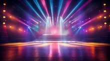 Blurred Empty Theater Stage With Fun Colourful Spotlights Abstract Image Of Concert Lighting Illumination Background