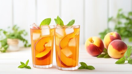 Fototapete - Homemade peach lemonade a refreshing summer cold drink with ice mint and peach slices