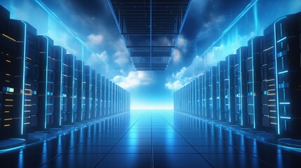 Poster - Data center digital warehouse for cloud computing technology with server farm connecting to the internet and exchanging information with glowing lights