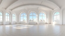 Empty White Room With Panoramic Windows And Seamless Spherical HDRI Panorama For Office Or Store