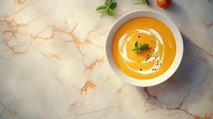 Aufkleber - Pumpkin soup with creamy texture on marble background top view