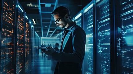 Poster - Male IT professional examining work on a laptop checking cyber security on an open server rack in the data center