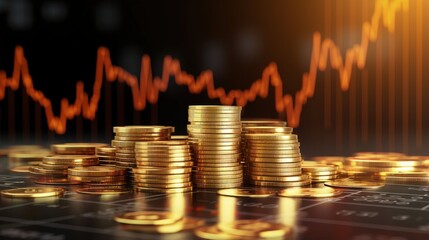 Poster - Coin stacks on financial graph background with double exposure image